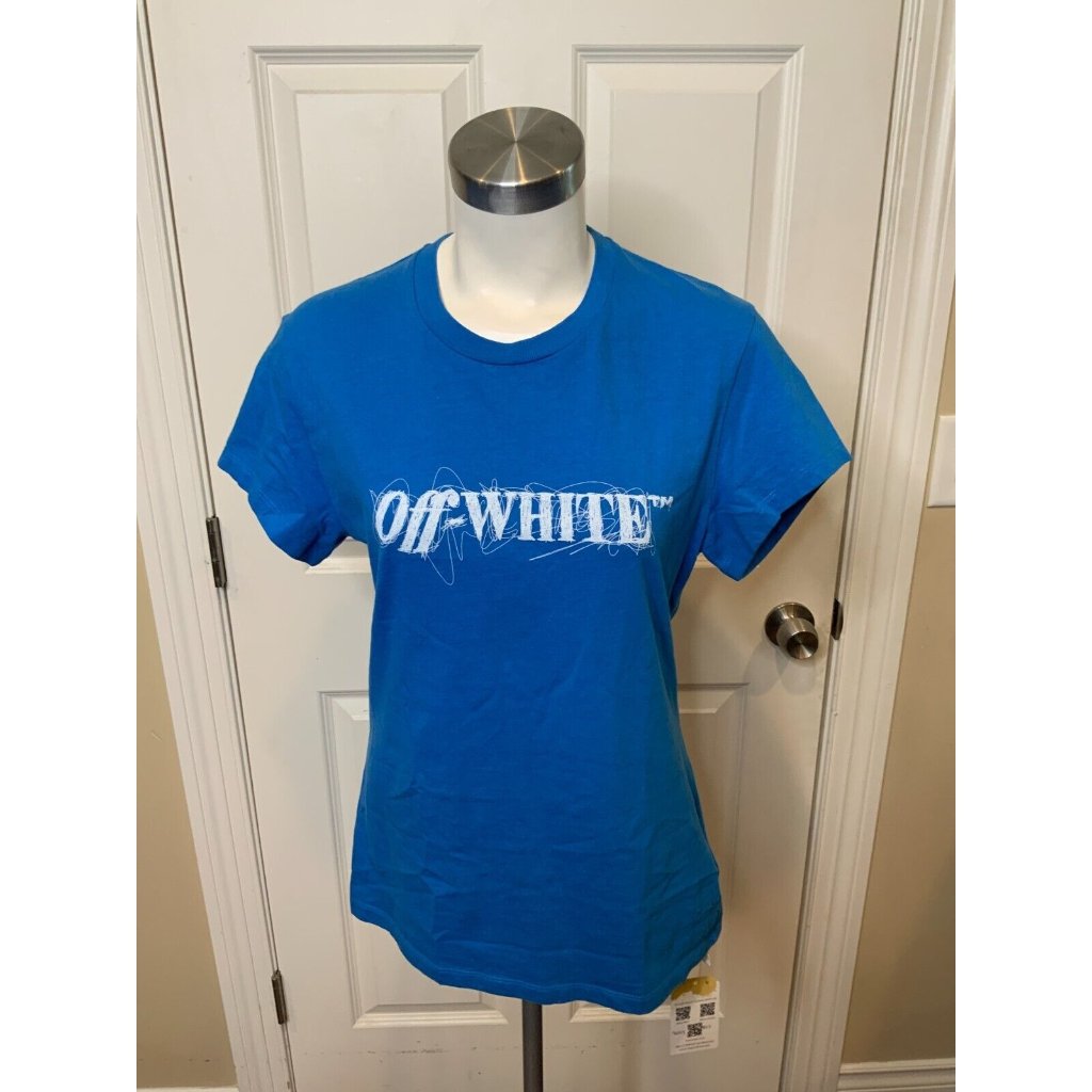 Off-White C/O Virgil Abloh Blue Scribble Logo Short Sleeve T-Shirt Size Large